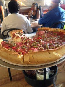 Our large green olive and pepperoni pizza.